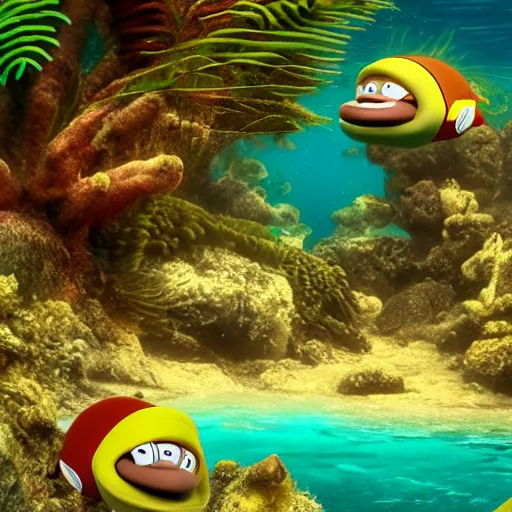 Prompt: professional photo of an underwater beach similar to level of donkey kong country, by discovery magazine, dolphin underwater, real life, photorealistic, soft focus, long exposure