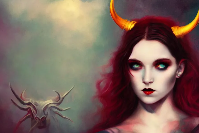 Image similar to pretty demon girl with horns photograph in the style of tom bagshaw, colorful, realistic, 8 k