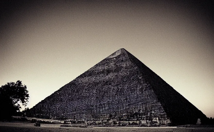 Prompt: ancient black pyramid, wood, sunrise, lomography effect, scrathes, 90s photo, unfocus, monochrome, noise effects filter