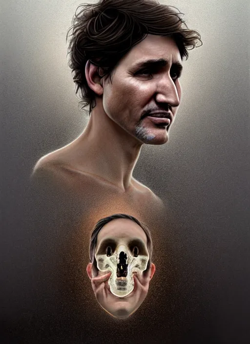 Image similar to a profile portrait of a man ( ( resembling justin trudeau ) ) with a opening hole into skull showing the cranial cavity showing cobwebs, dust and rats, digital art, highly detailed, by alyssa monks and charlie bowater