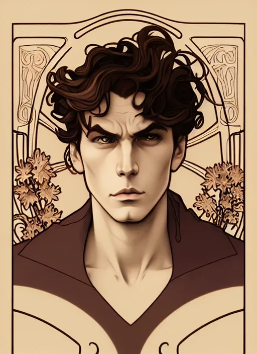 Image similar to art nouveau portrait of a young man with curly light brown hair, brown eyes, serious facial expression, gloomy mood, angry, t - shirt, natural lighting, path traced, highly detailed, high quality, cartoon, digital painting, by don bluth and ross tran and studio ghibli and alphonse mucha