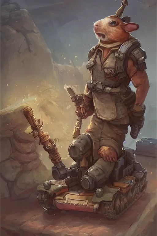 Image similar to cute little anthropomorphic Guinea Pig Tank driver next to its tank, tiny, small, short, Tank driver outfit, cute and adorable, pretty, beautiful, DnD character art portrait, matte fantasy painting, DeviantArt Artstation, by Jason Felix by Steve Argyle by Tyler Jacobson by Peter Mohrbacher, cinematic lighting