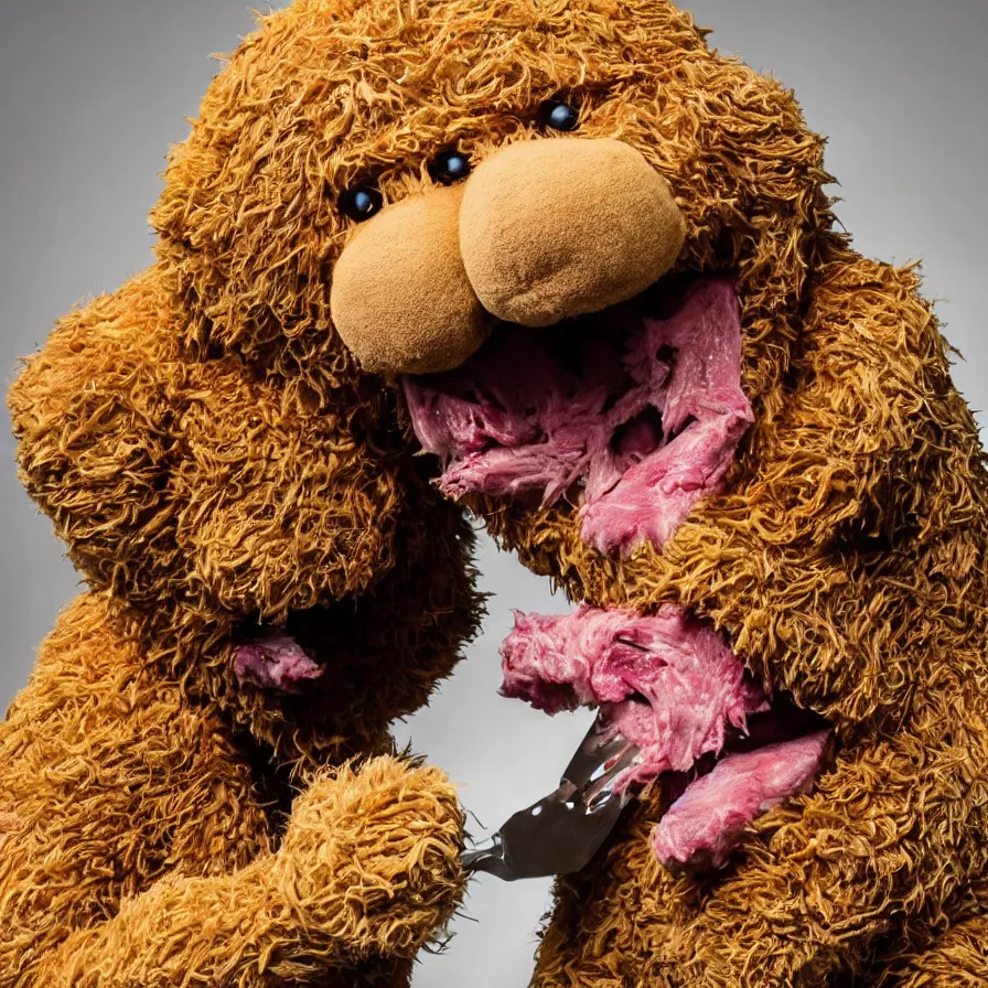 Prompt: beautiful studio photograph of a surrealist assemblage of fozzie bear tearing up a piece of meat with his sharp white teeth on a park bench, sculpted by ron mueck and matthew barney and rene magritte, hysterical realism intense cinematic lighting shocking detail 8 k