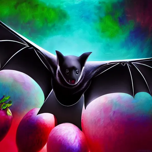 Image similar to Photorealistic magical fruit bat with fruit. Hyperdetailed photorealism, 108 megapixels, amazing depth, glowing rich colors, powerful imagery, psychedelic Overtones, 3D finalrender, 3d shading, cinematic lighting, artstation concept art