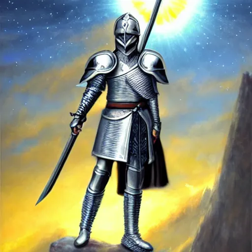 Image similar to paladin wearing silver amour with mirror finish, wielding a longsword that gleams like the sun. he is wearing a teutonic helmet, inside his eyes glow like the sun. background of snowy mountains. fantasy painting.