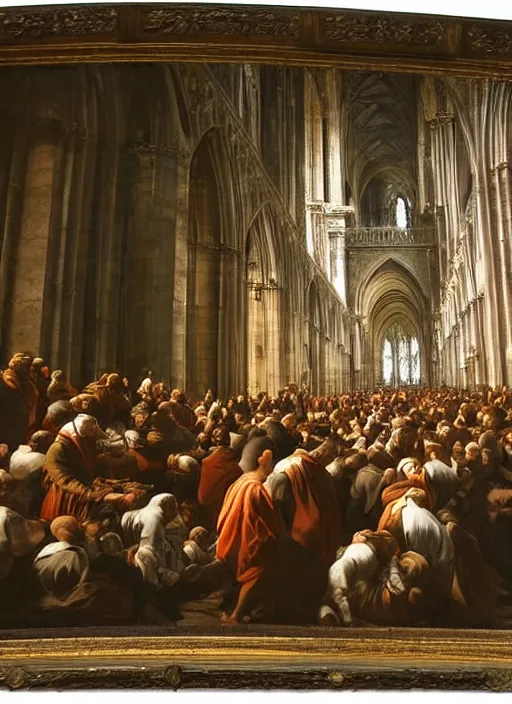 Image similar to elisabeth louise vigee - le brun painting of large crowd of medieval monks in giant in a gothic cathedral interior raising new magical glowing spirit, old master painting with stunning lighting and details photoreal dusk sun lit light,