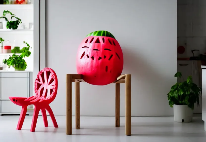 Prompt: a close up photograph of an ikea showroom with a watermelon carved into a chair, whacky designs, interior design