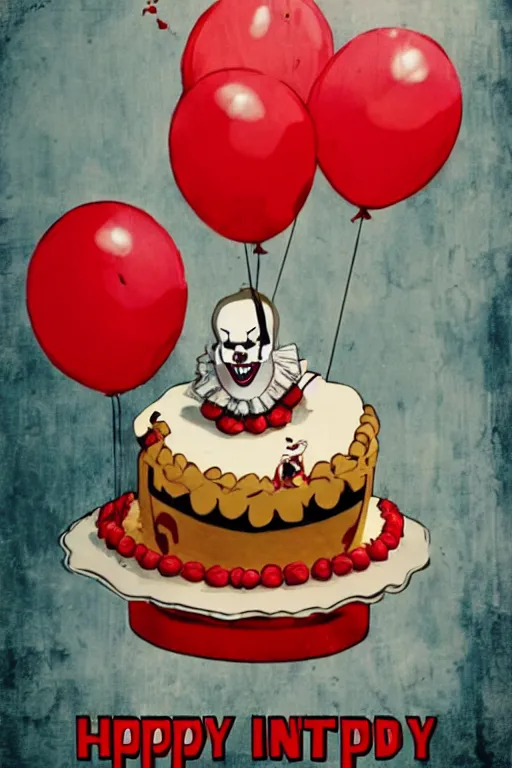 Image similar to a horror movie poster featuring Pennywise jumping out of a birthday cake