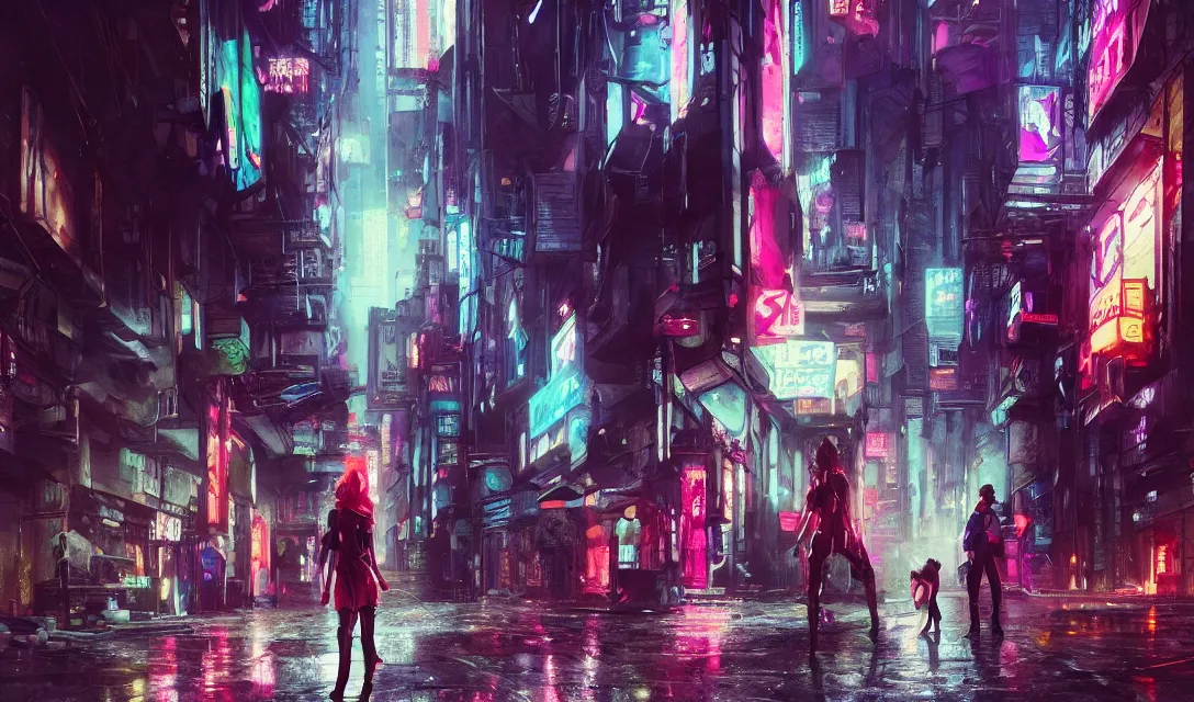 Image similar to a girl and a cat walk near the crowded street of a cyberpunk city, rain, harsh neon lights, highly detailed, digital painting, trending on artstation, concept art, sharp focus, illustration, art by artgerm and greg rutkowski and magali villeneuve