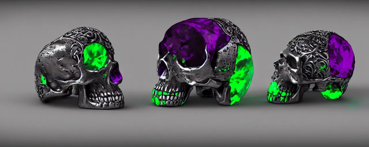 Prompt: simple magic ring of poison, skull, skulls, teeth, green, black, purple. smooth shank, crystals, engravings, product design, jewelry, colorful, art by gerald brom, greg rutkowski and artgerm, photo realism, unreal engine, c 4 d