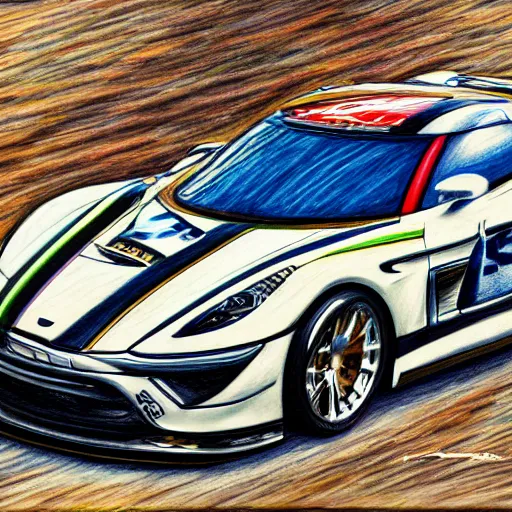 Prompt: intricate five star sports car racing by monica lee, colored pencil on paper, high detail, skin texture, photo realistic, hyperrealism, matte finish, high contrast, 3 d depth, masterpiece, vivid colors, artstationhd