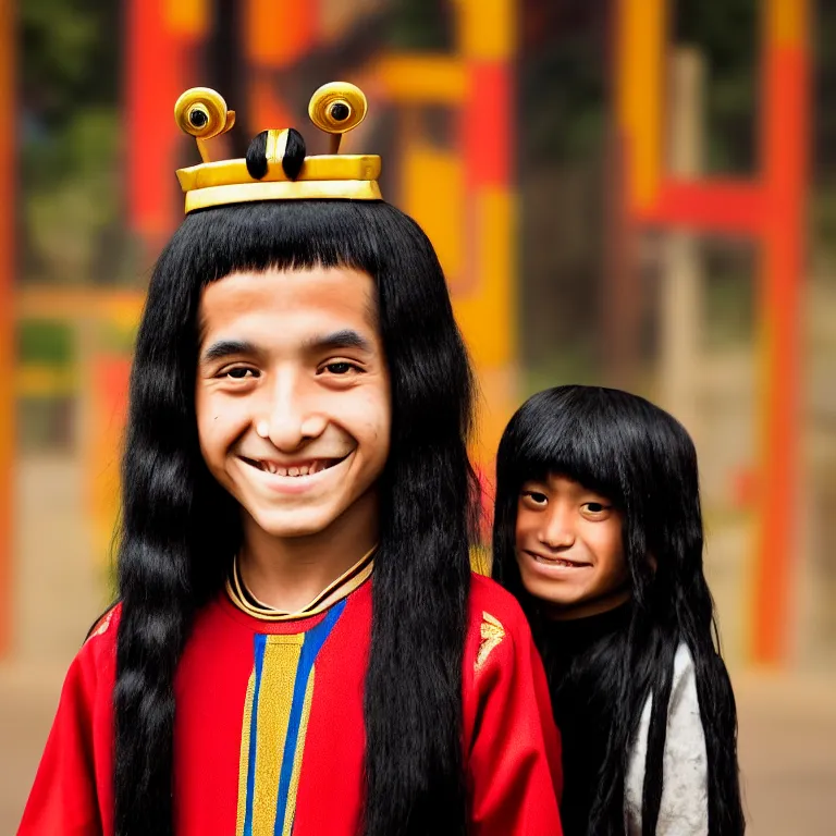 Prompt: A photo of Emperor Kuzco!!!!!!!!!!!!!!!! in his 13s, peruvian looking kid, with his long black hair, smiling with confidence, and wearing!!! his emperor clothes. Portrait by Terry Richardson. Golden hour. 8K. UHD. Bokeh.