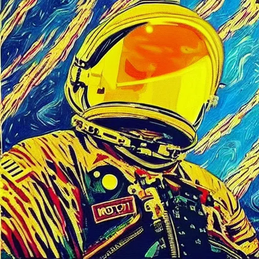 Image similar to an artistic photo of david bowie as a astronaut in space, high quality, studio photography, colourful, hero, 1 9 8 8, heroic, beautiful, in the style of vincent van gogh