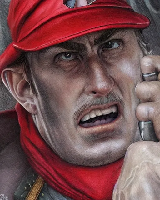 Prompt: portrait of super mario in lord of the rings, red cap, beautiful, very detailed, hyperrealistic, medium shot, very detailed painting by Glenn Fabry, by Joao Ruas