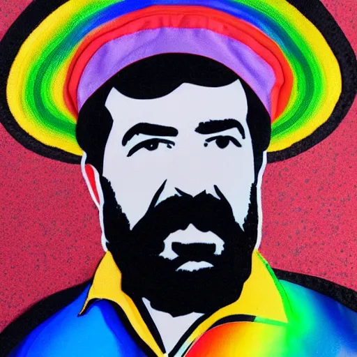 Prompt: rainbow portrait of saddam hussein wearing a pink puffy jacket and a black bucket hat, 8 k, very detailed, very intricate,