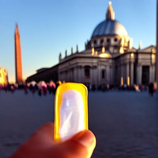 Prompt: artistic photograph by ai weiwei of a man showing ( ( ( stinky finger ) ) ) with condom on it ( ( ( from behind ) ) ), st peter's basilica slighly out of focus in background, cell phone photo