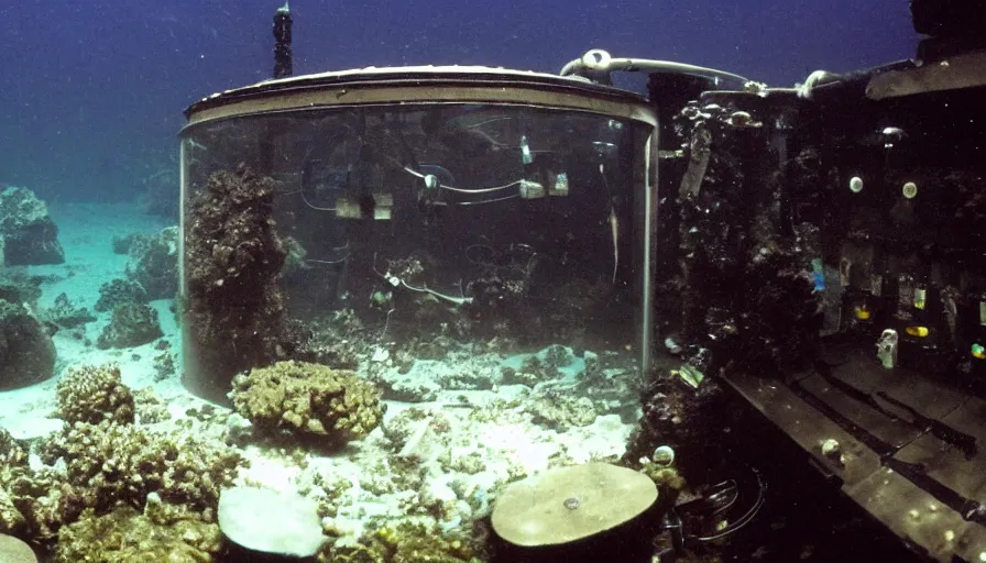 Image similar to Big budget horror movie, exterior view of an underwater biolab, deep in the ocean, dark and gloomy