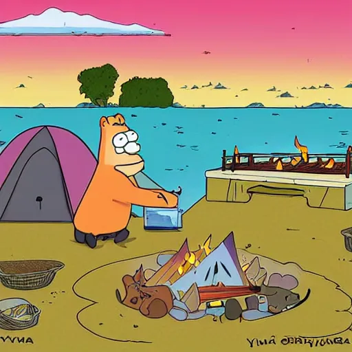 Image similar to capybaras camping on the seaside and one is playing guitar around the fire by matt groening by yuga labs and by pendleton ward