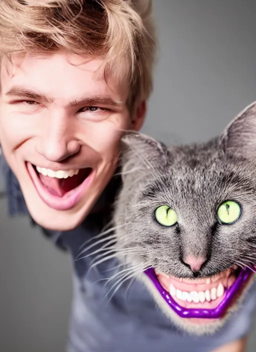 Image similar to blonde young guy with scary smile and completely purple catlike eyes