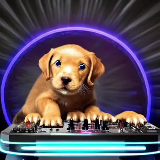 Image similar to puppy as a DJ, 8k, volumetric lighting, hyper realistic