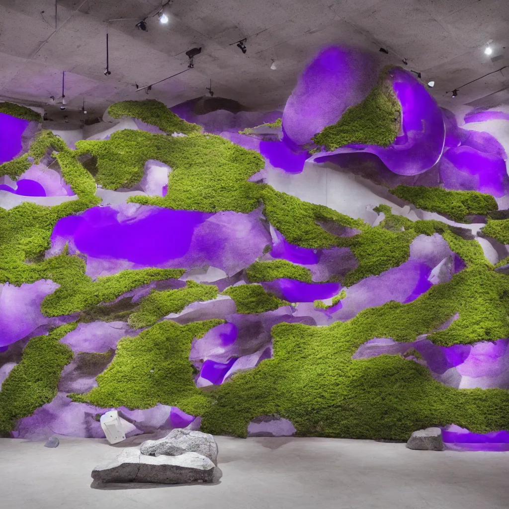 Prompt: In an empty contemporary art gallery, a large abstract purple sculpture is connected to biomorphic sensors planted in the cracked clay soil of a Japanese garden of moss and rocks. In the background a video projection with images generated by a GAN, canon 5d