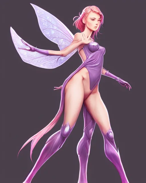 Prompt: 3 / 4 view of a woman with fairy wings, confident pose, pixie character, video game genshin impact, flat hand drawing, elegant, sharp focus, illustration, concept art, matte, magali villeneuve, artgerm, anime, trending on artstation