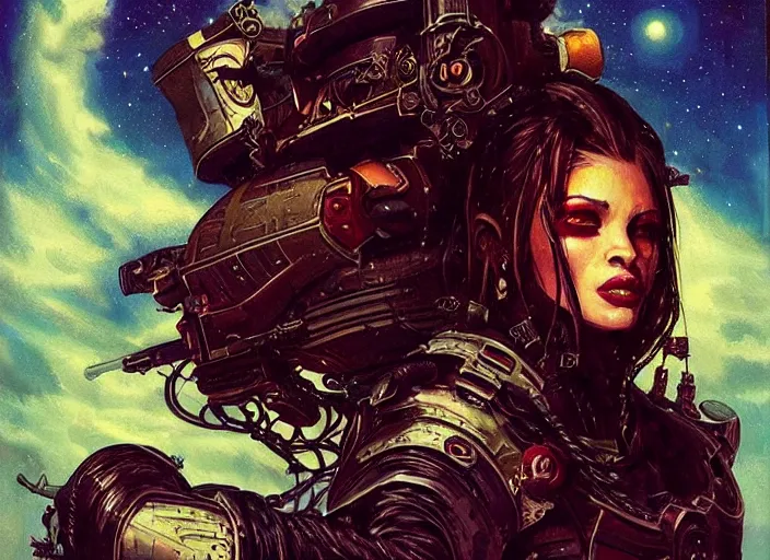 Image similar to portrait of female space pirate, night sky background, beautiful! coherent! by brom, deep color, strong line, high contrast