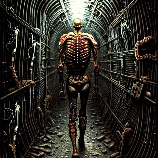 Image similar to ultra realist intricate detailed horror painting of a single rugged cyborg male in alien tunnel, cyborg tech on body and legs, accurate features, cyberpunk, industrial, apocalyptic, very intricate details, focus, high resolution, 8 k resolution, dramatic lighting, artstyle zdzisław beksinski, award winning