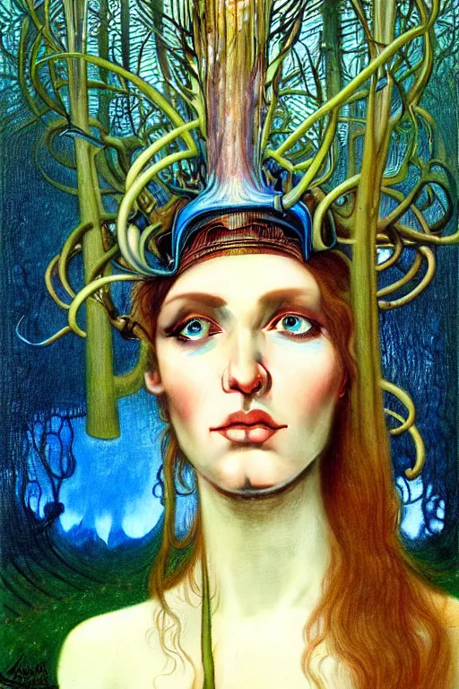 Prompt: realistic detailed face portrait painting of olexesh with sci-fi headwear, futuristic sci-fi forest on background by Jean Delville, Amano, Yves Tanguy, Alphonse Mucha, Edward Robert Hughes, Roger Dean, rich moody colours, blue eyes