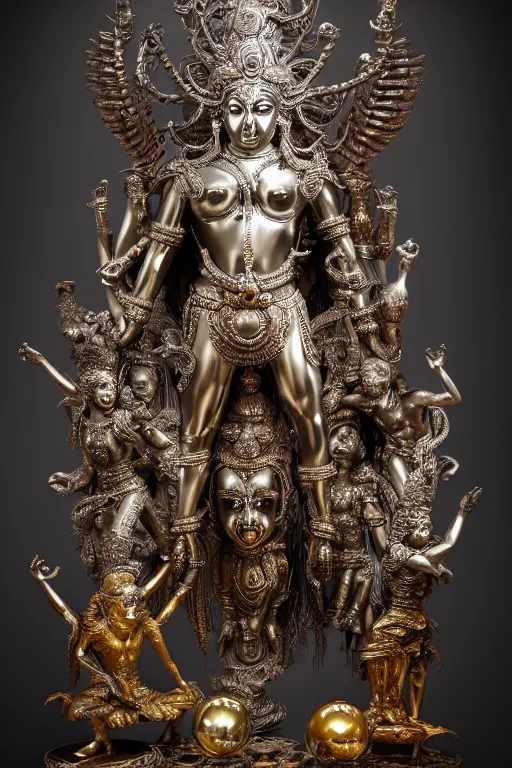Prompt: chrome statue of brahma god, metallic sculpture, dresses on a colorful silk mantle, made by antonio corradini, vivaldi and emil melmoth macabre art, dark surrealism, epic and cinematic view, volummetric light, texturized, detailed, 8 k