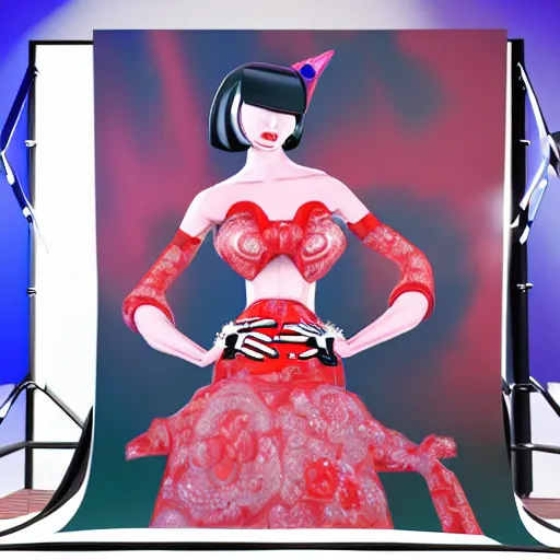 Image similar to innovative avant-garde art, deco fashion, japanese women, met gala theme, highly detailed, photorealistic portrait, serene red carpet setting, night hour, camera flash lights, crisp quality and light reflections, unreal engine 5 quality render