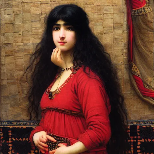 Image similar to orientalist portrait of a woman with thick black bangs and curly hair wearing a red dress selling tapestries in a busy marketplace intricate artwork by Fabio Fabbi and john william waterhouse and Edwin Longsden Long and Nasreddine Dinet and Theodore Ralli trending on artstation, very coherent symmetrical artwork high detail 8k