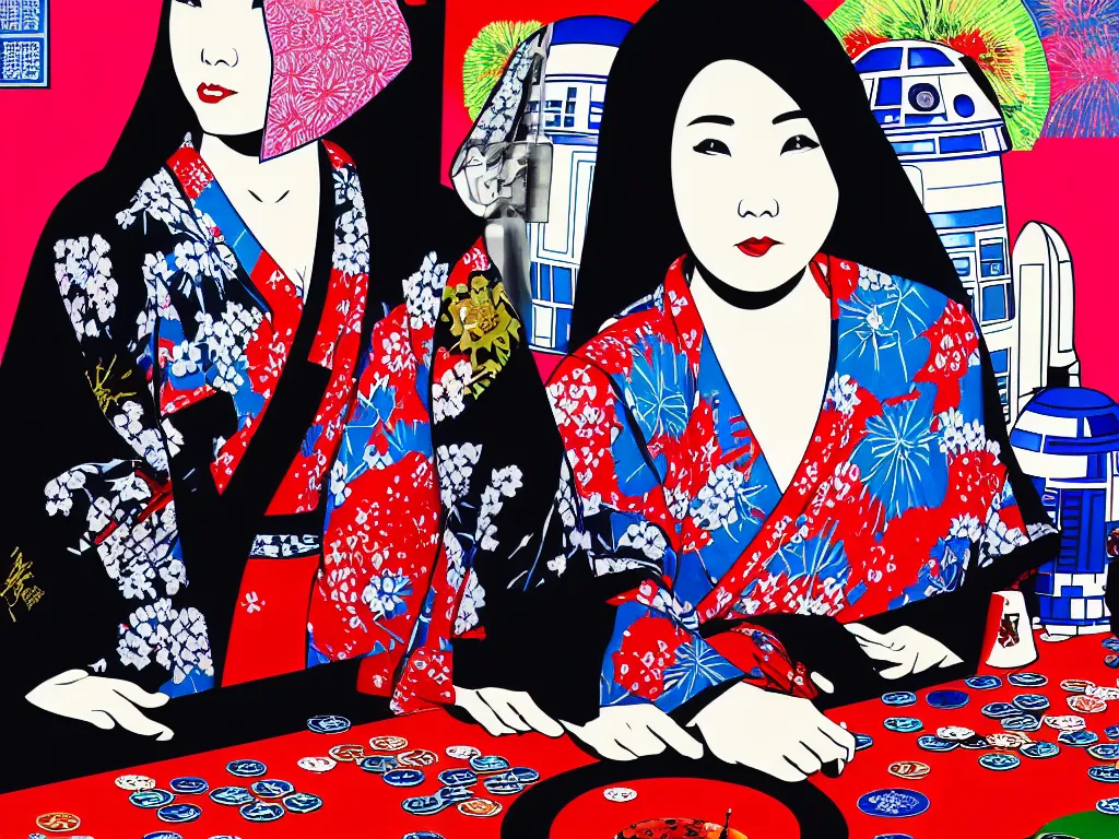 Prompt: hyperrealistic composition of the detailed woman in a japanese kimono sitting at a poker table with detailed darth vader and r 2 d 2, fireworks, mount fuji on the background, pop - art style, jacky tsai style, andy warhol style, acrylic on canvas