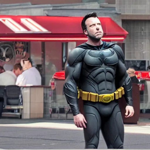 Image similar to A photo of Ben Affleck's Batman eating at KFC. Extremely detailed. 4K. Award-winning