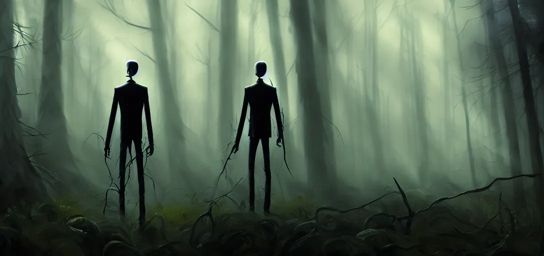 Prompt: highly detailed painting of slenderman in a dark forest, cinematic lighting, dramatic atmosphere, by dustin nguyen, akihiko yoshida, greg tocchini, greg rutkowski, cliff chiang, 4 k resolution, luminous grassy background