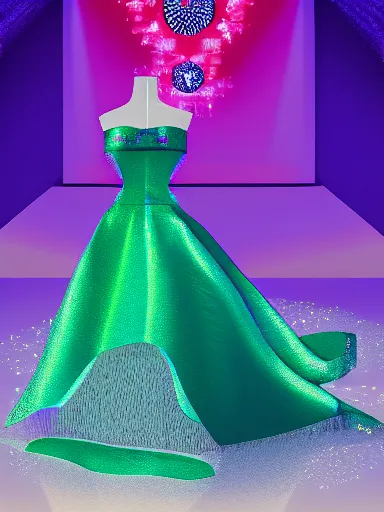 Prompt: a bride dress made of diamonds, emeralds and rubies, studio photograph, vivid lighting, retrowave style, photorealist, 4 k