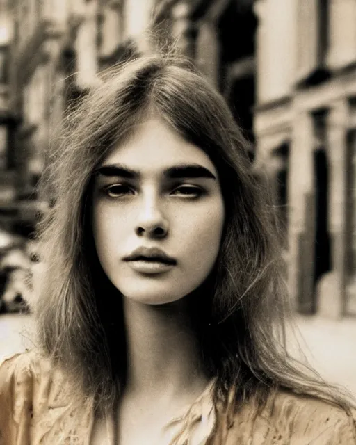 Prompt: photography from 7 0 s, close - up portrait of young fashion model face, soft light, golden hour, in style of street photography from 1 9 7 0