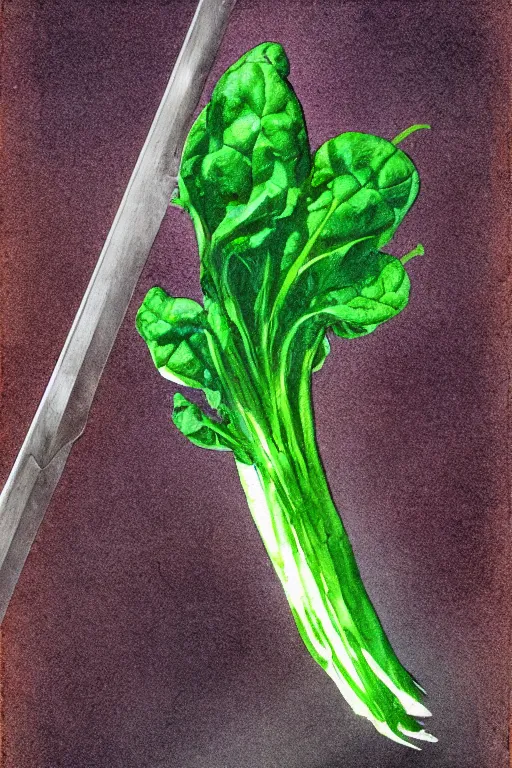 Prompt: spinach sword master, art by brothers hildebrandt and jack gaughan, trending on artstation, halfrear lighting first - person view watercolor painting, hyperrealism, daguerreotype, inverted colors, geometric abstraction