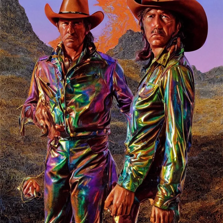 Image similar to 1 9 7 0's spaghetti western film octane render portrait by wayne barlow and carlo crivelli and glenn fabry, a person wearing a shiny colorful iridescent latex suit and cowboy hat covered in colorful slime, standing in a scenic western landscape, cinema 4 d, ray traced lighting, very short depth of field, bokeh