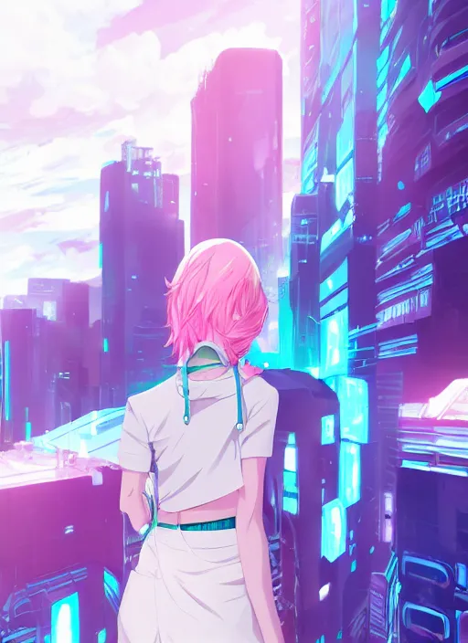 Image similar to woman with pink hair and blue eyes, wearing a white and turquoise colored outfit, cyberpunk city landscape, 4k, anime key visual, lois van baarle, ilya kuvshinov, rossdraws, artstation