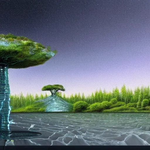 Prompt: a scene from another planet with trees made out of water and with cold lava lakes where a transparent crystal piano sits at the edge of the universe, high resolution photo, hyperrealistic art by jason de graaf, wide angle, digital painting, meadow-like scenery