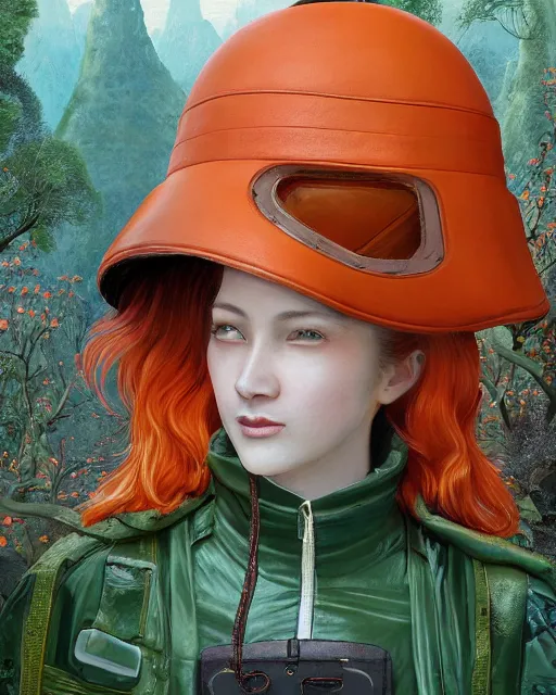 Image similar to portrait of alone androgynous girl wearing long orange vintage leather coat and wearing giant modular synthesizer 8 0 s sony stereo helmet and backpack. bakelite cliffs, moss green japanese forest background, ultrafine hyperdetailed illustration by hsiao - ron cheng and artgerm, the grand budapest hotel, glow, no crop, digital art, artstation, pop art