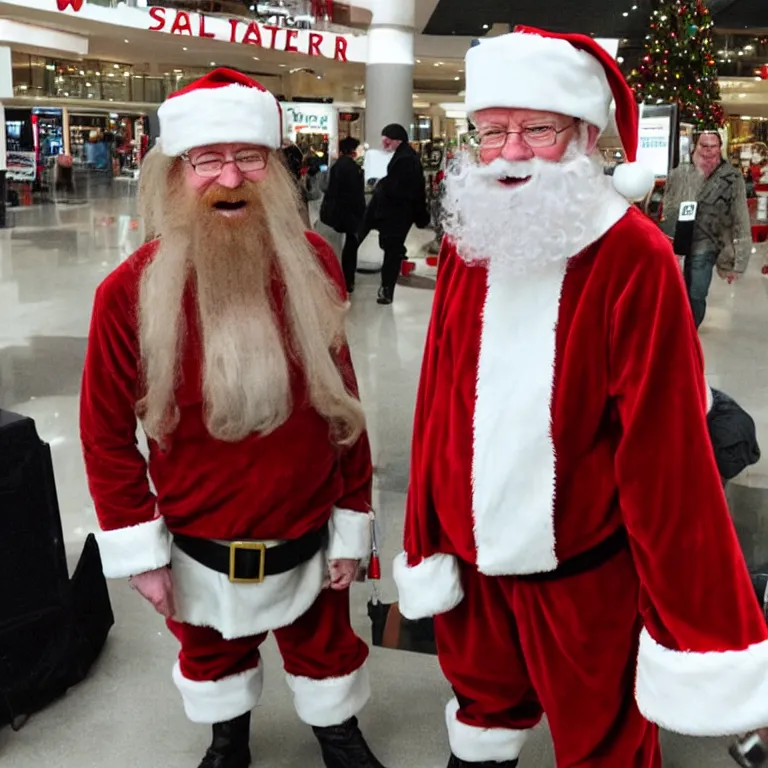 Image similar to walter white dressed as santa in a mall,