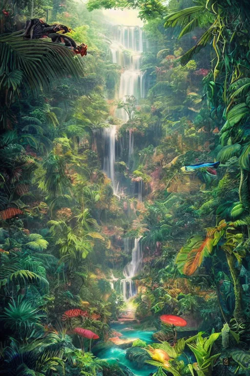 Image similar to aerial view of a colorful jungle with rivers and waterfalls, by artgerm, tom bagshaw, gerald brom, vaporwave colors, lo - fi colors, vaporwave, lo - fi, moody vibe, goth vibe, full body,