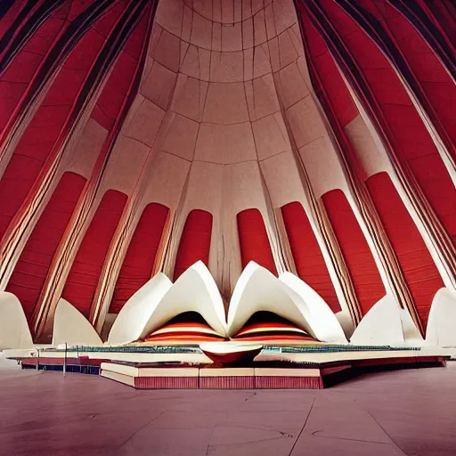 Image similar to interior of a futuristic lotus temple with gold, red and white marble panels, in the desert, by buckminster fuller and syd mead, intricate contemporary architecture, photo journalism, photography, cinematic, national geographic photoshoot