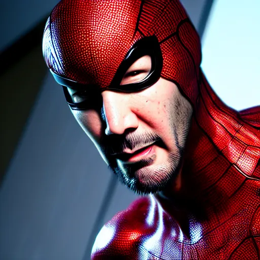 Prompt: Keanu Reeves as spiderman , muscle extremely detailed, fantastic details full face, mouth, trending on artstation, pixiv, cgsociety, hyperdetailed Unreal Engine 4k 8k ultra HD, WLOP
