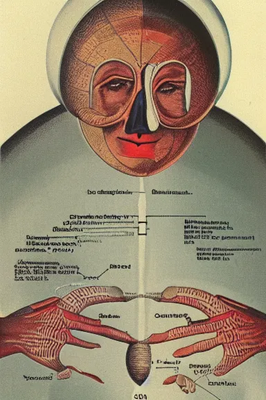 Image similar to A vintage scientific illustration from the 1970s of the Earth as a human face