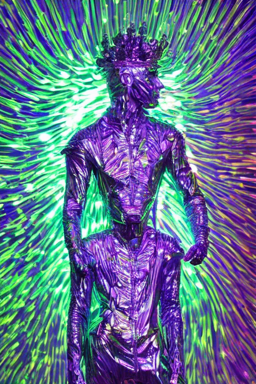 Image similar to hyper detailed ultra sharp photoshoot of baroque and bladerunner crystalline sapphire sculpture of seductive adrien sahores neon tigers iridescent humanoid deity wearing metallic hoody made out of banana leaves holding the sun prismatic dungeon, glowing rainbow face, crown of white diamonds, cinematic lighting, photorealistic, octane render 8 k depth of field 3 d
