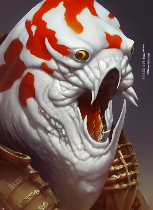 Image similar to subsurface scattering, white, koi, samurai with face armor, by jesper ejsing, justin gerard, tomasz alen kopera, cgsociety and fenghua zhong, highly detailed, rim light, cinematic lighting, illustration, art, octane render, very coherent, cinematic, hyper realism, high detail, octane render, 8 k