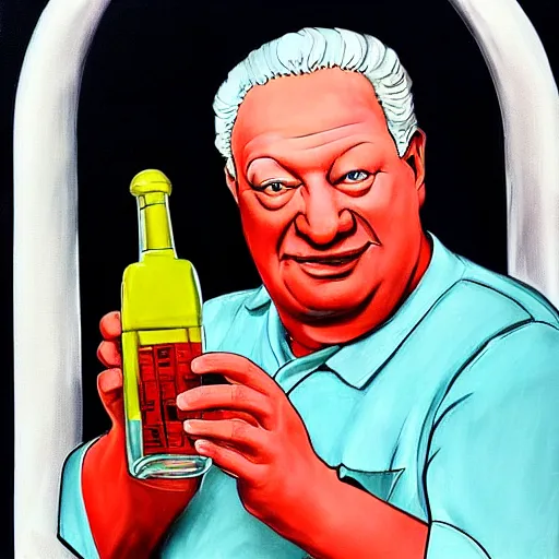 Image similar to yeltsin with red eyes holding a bottle of vodka, creepy realistic art in color